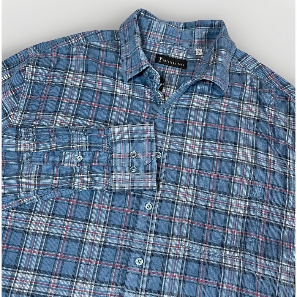 American Tall Corduroy Plaid Long‎ Sleeve Button Up Shirt Men's XLT Textured